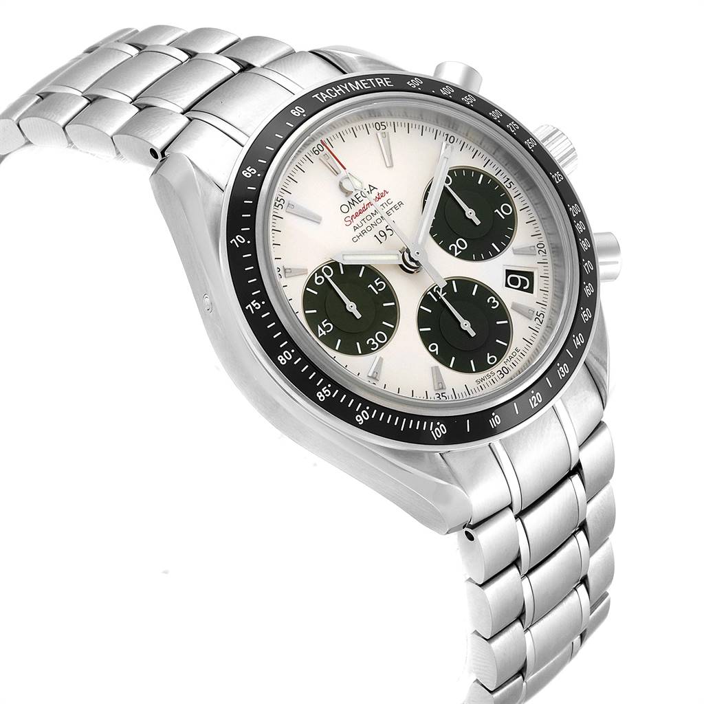 The image shows an angled view of an Omega Seamaster 323.30.40.40.02.001 Men
s Stainless Steel White Dial 323.30.40.40.02.001 Men
s Stainless Steel White Dial watch, highlighting its dial, bezel, and metal bracelet.