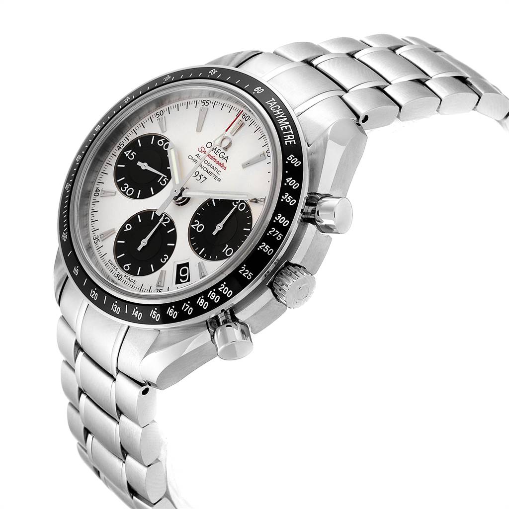 The Omega Seamaster 323.30.40.40.02.001 Men
s Stainless Steel White Dial 323.30.40.40.02.001 Men
s Stainless Steel White Dial watch is shown at an angle displaying its dial, bezel, crown, pushers, and stainless steel bracelet.