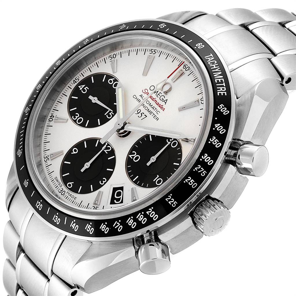 The Omega Seamaster 323.30.40.40.02.001 Men
s Stainless Steel White Dial 323.30.40.40.02.001 Men
s Stainless Steel White Dial watch is shown from a three-quarter side angle, highlighting the dial, bezel, crown, and part of the bracelet.