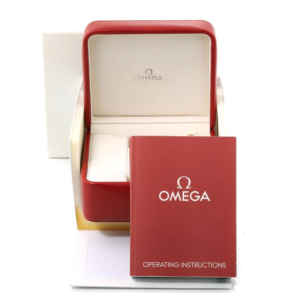 The image shows an Omega Seamaster 323.30.40.40.02.001 Men
s Stainless Steel White Dial 323.30.40.40.02.001 Men
s Stainless Steel White Dial watch box with operating instructions in front.