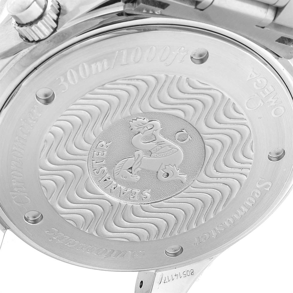 The image shows the back case of an Omega Seamaster 2569.50.00 Men
s Stainless Steel Black Dial 2569.50.00 Men
s Stainless Steel Black Dial watch, featuring engraved details and the Seamaster logo.