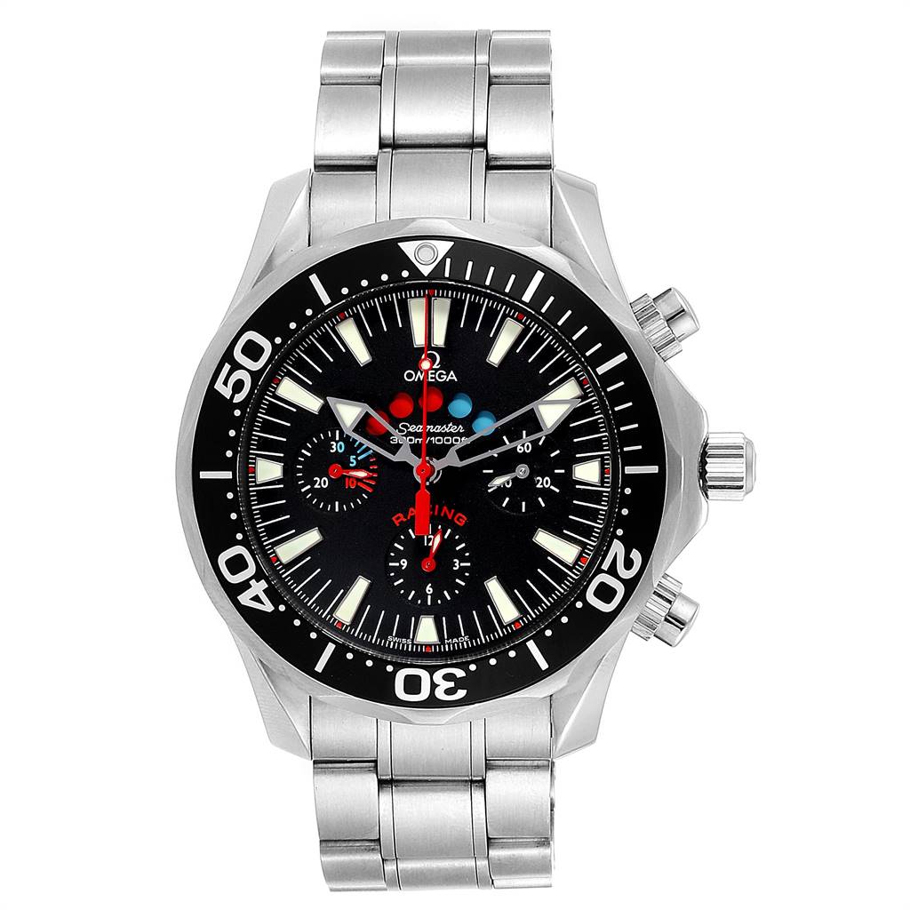 The Omega Seamaster 2569.50.00 Men
s Stainless Steel Black Dial 2569.50.00 Men
s Stainless Steel Black Dial watch is shown from the front, detailing its stainless steel bracelet, bezel, and dial with sub-dials.