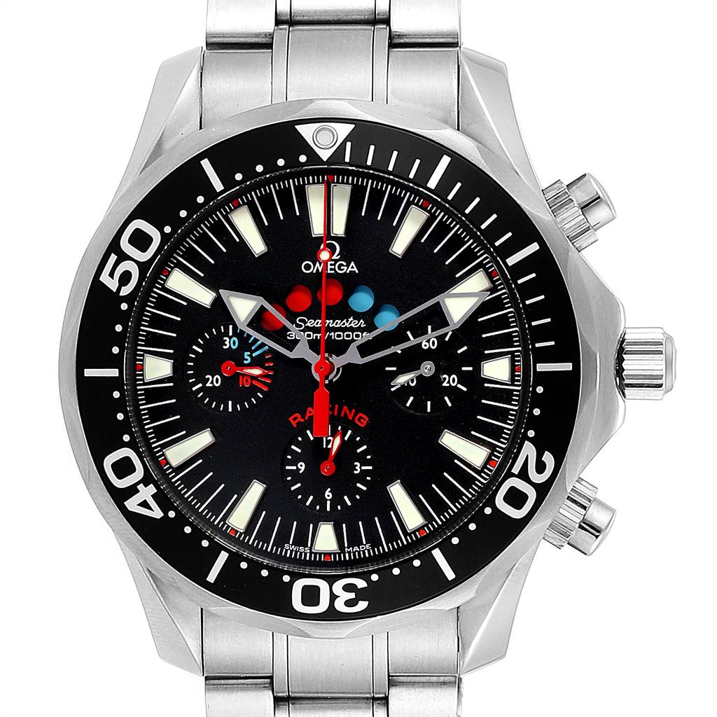The image shows a front view of the Omega Seamaster 2569.50.00 Men
s Stainless Steel Black Dial 2569.50.00 Men
s Stainless Steel Black Dial watch, highlighting the face, bezel, and stainless steel bracelet.