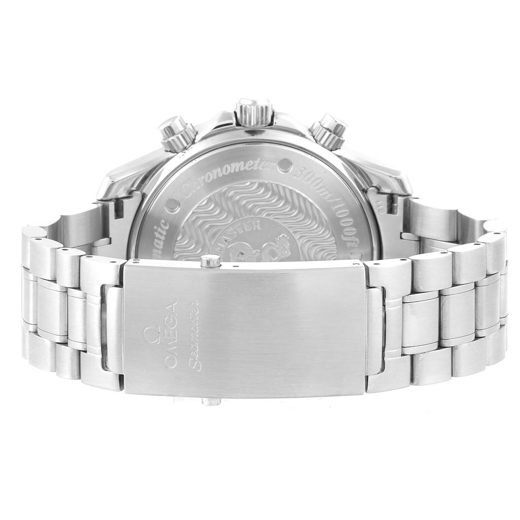 The image shows the back and bracelet clasp of an Omega Seamaster 2569.50.00 Men
s Stainless Steel Black Dial 2569.50.00 Men
s Stainless Steel Black Dial watch, highlighting its engraved case back and metallic strap.