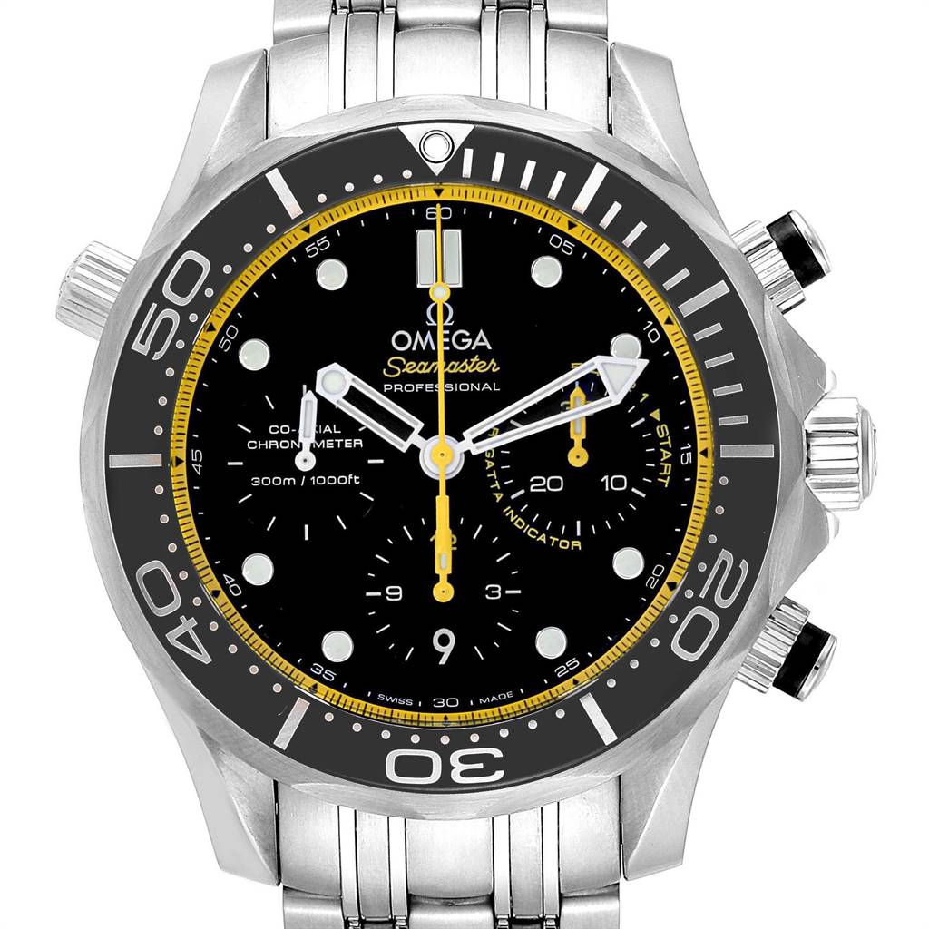 The image shows a frontal view of the Omega Seamaster 212.30.44.50.01.002 Men
s Stainless Steel Black Dial 212.30.44.50.01.002 Men
s Stainless Steel Black Dial watch, highlighting its bezel, dial, pushers, and bracelet.