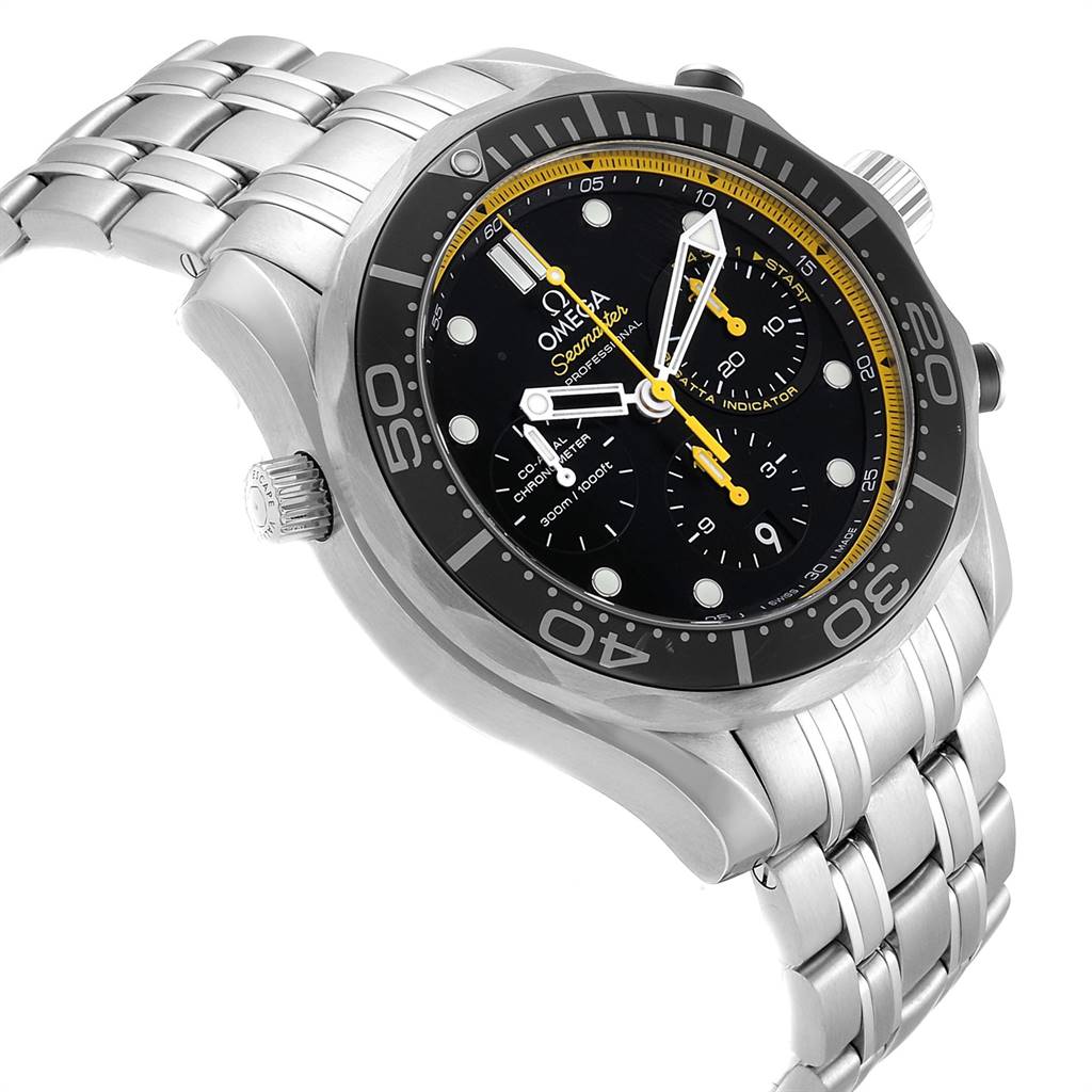 This image shows a side angle of the Omega Seamaster 212.30.44.50.01.002 Men
s Stainless Steel Black Dial 212.30.44.50.01.002 Men
s Stainless Steel Black Dial watch, highlighting its bezel, crown, dial, and metal bracelet.