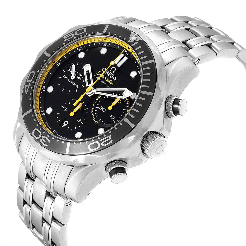 The image shows an Omega Seamaster 212.30.44.50.01.002 Men
s Stainless Steel Black Dial 212.30.44.50.01.002 Men
s Stainless Steel Black Dial watch at an angle highlighting the face, bezel, crown, pushers, and stainless steel bracelet.