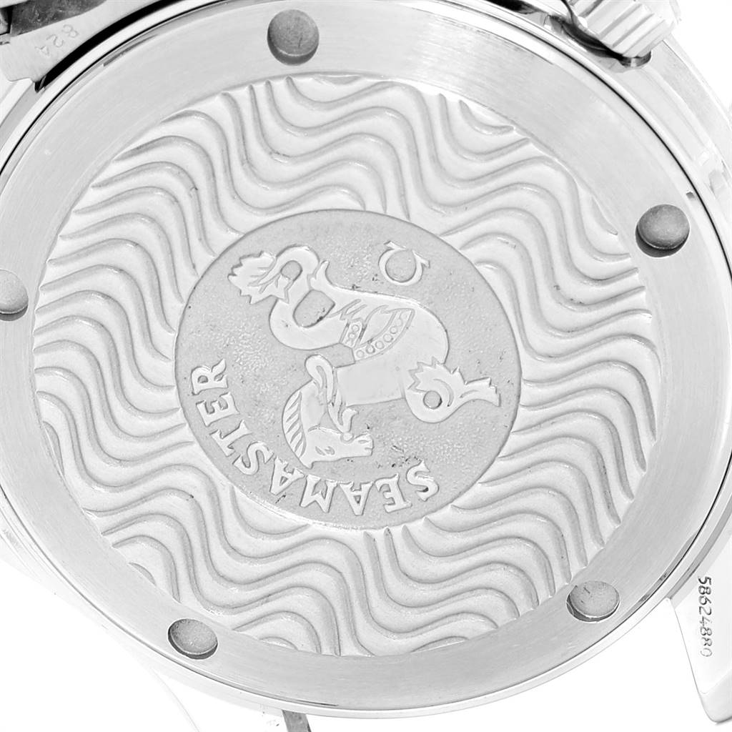 The image shows the engraved case back of an Omega Seamaster 2561.80.00 Men
s Stainless Steel Blue Dial 2561.80.00 Men
s Stainless Steel Blue Dial watch.