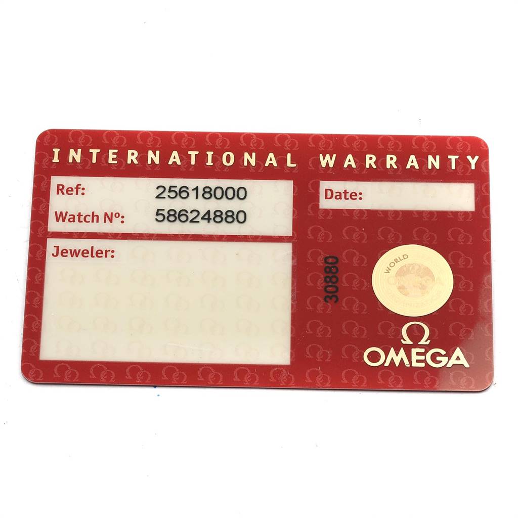 An Omega Seamaster 2561.80.00 Men
s Stainless Steel Blue Dial 2561.80.00 Men
s Stainless Steel Blue Dial International Warranty card is shown at a top-down angle.