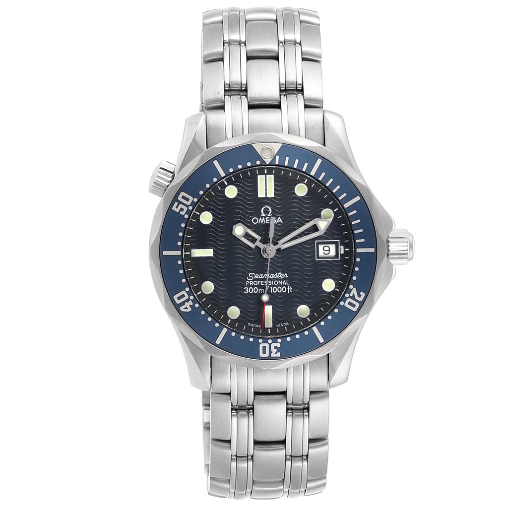 The image shows a front view of an Omega Seamaster 2561.80.00 Men
s Stainless Steel Blue Dial 2561.80.00 Men
s Stainless Steel Blue Dial wristwatch with its face, bezel, and metal bracelet.