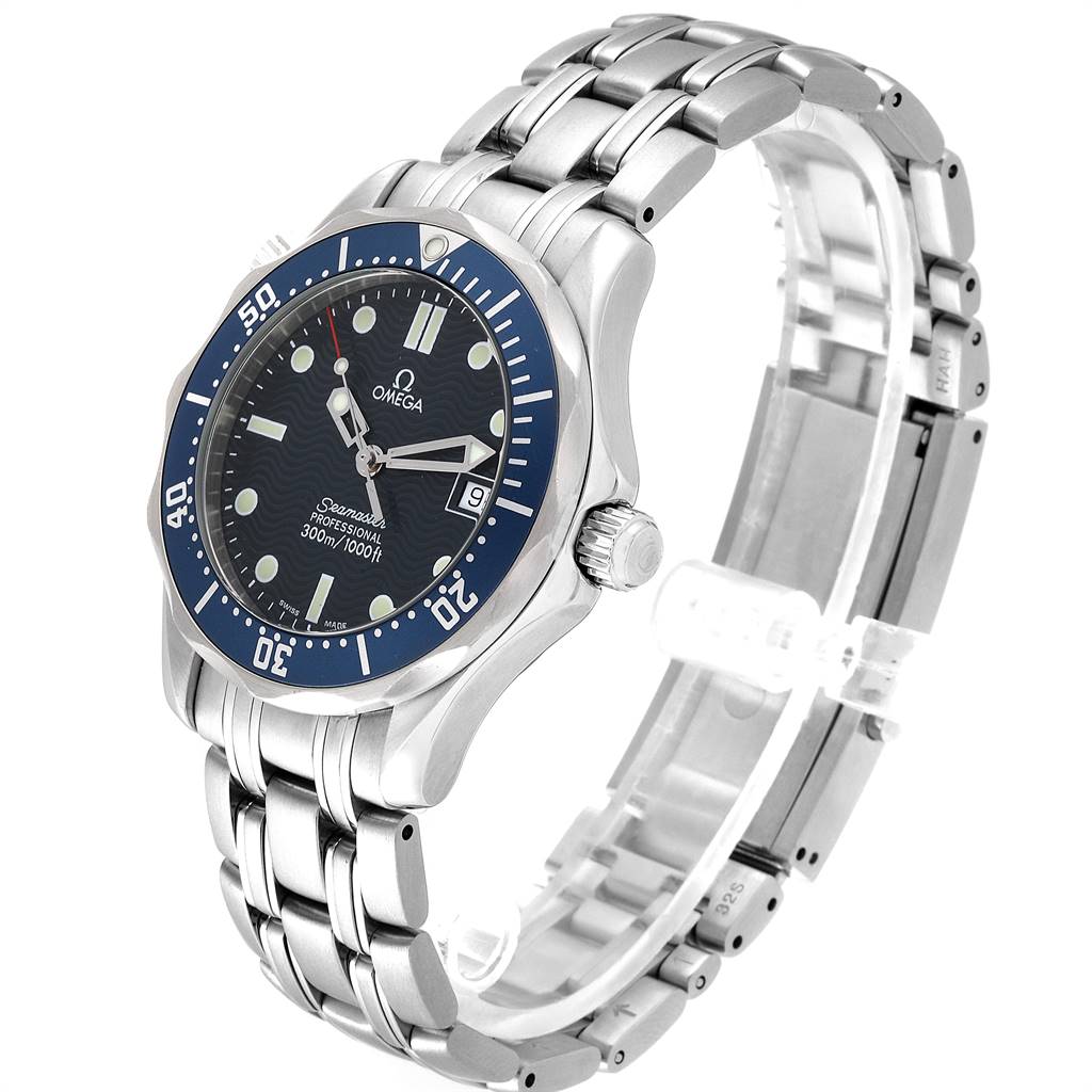 The Omega Seamaster 2561.80.00 Men
s Stainless Steel Blue Dial 2561.80.00 Men
s Stainless Steel Blue Dial watch is shown from an angled top view, highlighting its dial, bezel, crown, and bracelet.