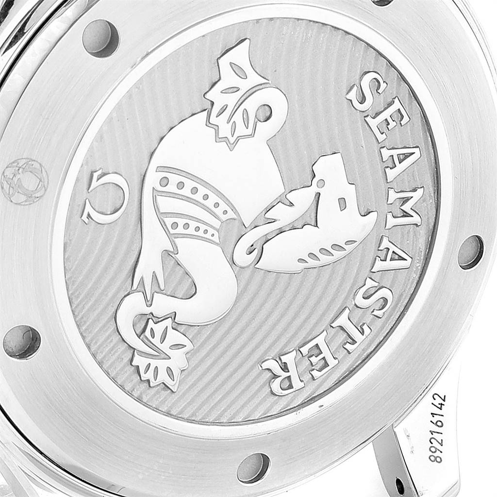 This image shows the case back of an Omega Seamaster 212.30.41.20.03.001 Men
s Stainless Steel Blue Dial 212.30.41.20.03.001 Men
s Stainless Steel Blue Dial watch, featuring an engraved seahorse and the model name.