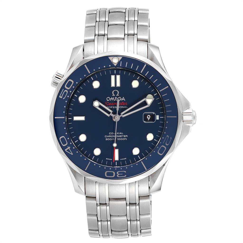 The Omega Seamaster 212.30.41.20.03.001 Men
s Stainless Steel Blue Dial 212.30.41.20.03.001 Men
s Stainless Steel Blue Dial watch is shown from a top view, highlighting its face, bezel, and stainless steel bracelet.