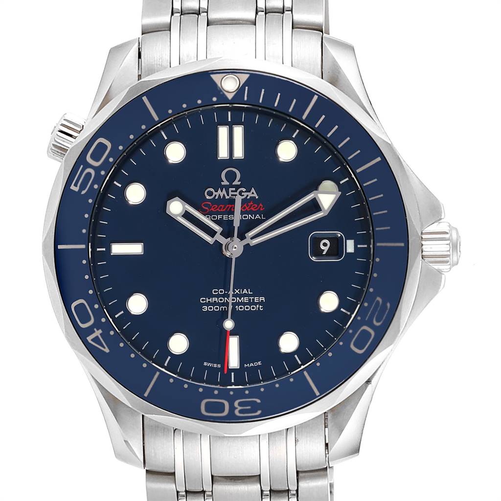 The image shows a front view of the Omega Seamaster 212.30.41.20.03.001 Men
s Stainless Steel Blue Dial 212.30.41.20.03.001 Men
s Stainless Steel Blue Dial watch, highlighting the dial, bezel, hands, and bracelet.