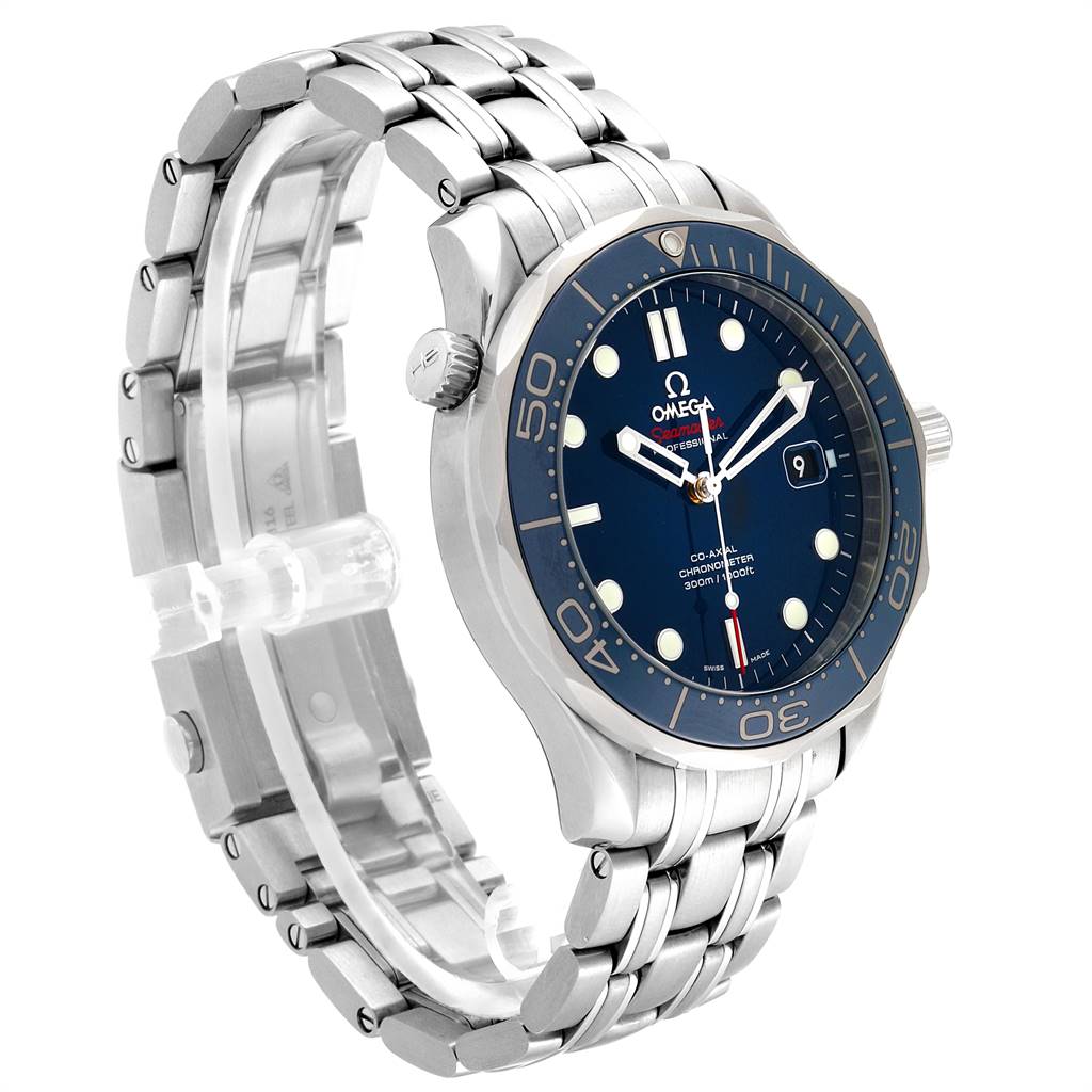 The image shows an angled view of the Omega Seamaster 212.30.41.20.03.001 Men
s Stainless Steel Blue Dial 212.30.41.20.03.001 Men
s Stainless Steel Blue Dial watch, highlighting its stainless steel bracelet, blue dial, and bezel.