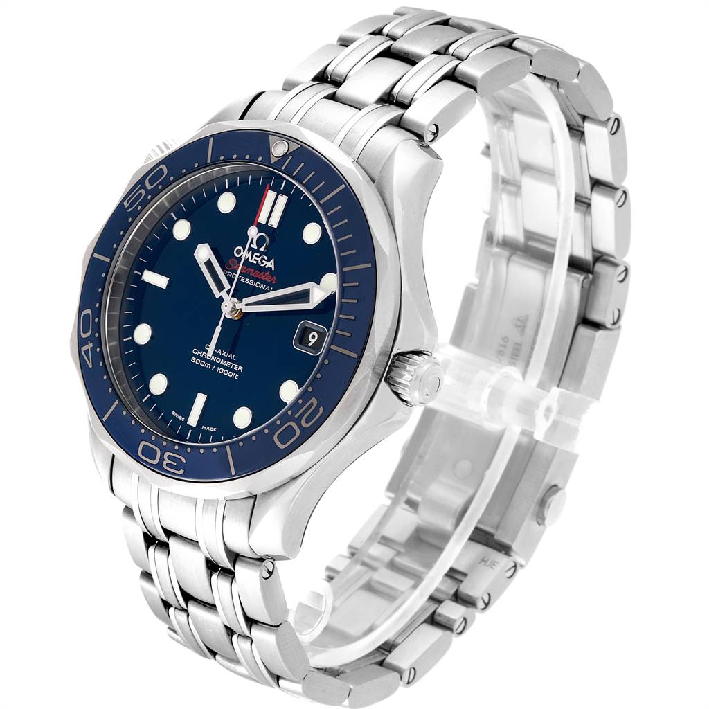 This image shows the Omega Seamaster 212.30.41.20.03.001 Men
s Stainless Steel Blue Dial 212.30.41.20.03.001 Men
s Stainless Steel Blue Dial watch at an angled view showcasing its dial, bezel, and stainless steel bracelet.