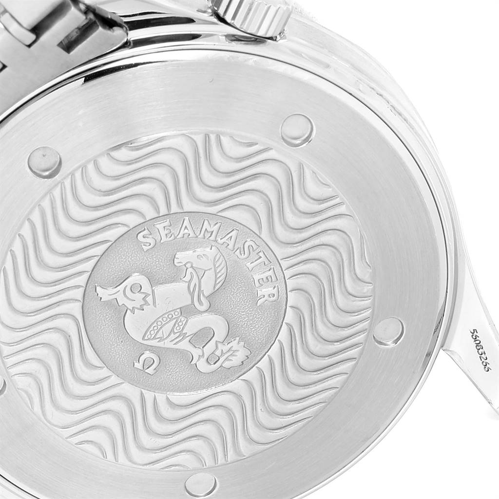 The image shows the intricate engraved back case and partial clasp of the Omega Seamaster 2542.80.00 Men
s Stainless Steel Blue Dial 2542.80.00 Men
s Stainless Steel Blue Dial watch.