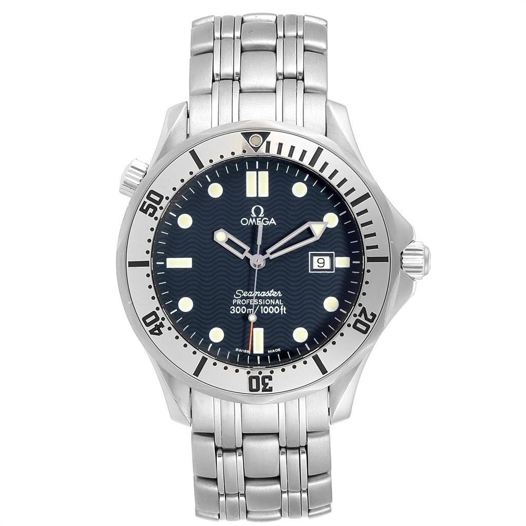 The image shows a frontal view of an Omega Seamaster 2542.80.00 Men
s Stainless Steel Blue Dial 2542.80.00 Men
s Stainless Steel Blue Dial watch, displaying the dial, bezel, and bracelet.