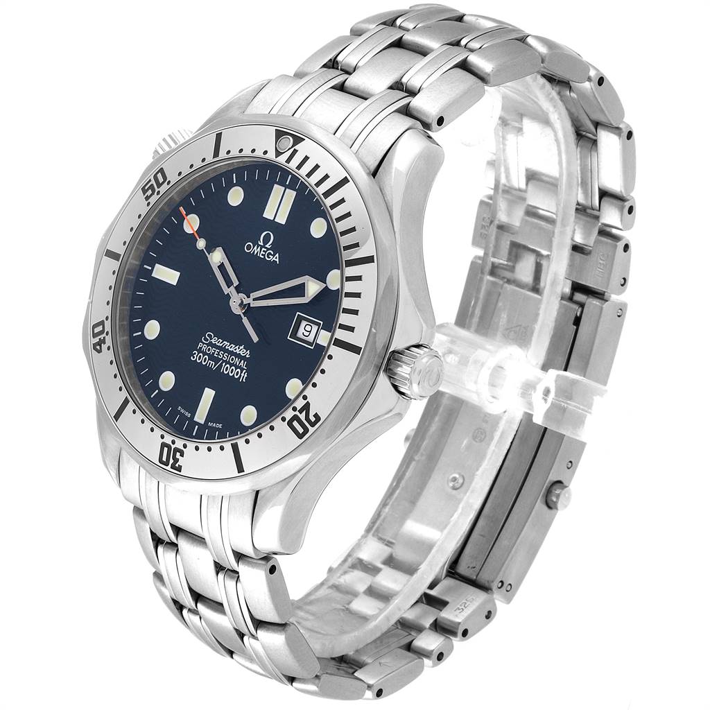 The Omega Seamaster 2542.80.00 Men
s Stainless Steel Blue Dial 2542.80.00 Men
s Stainless Steel Blue Dial watch is shown at a slight angle, displaying its face, bezel, crown, and stainless steel bracelet.
