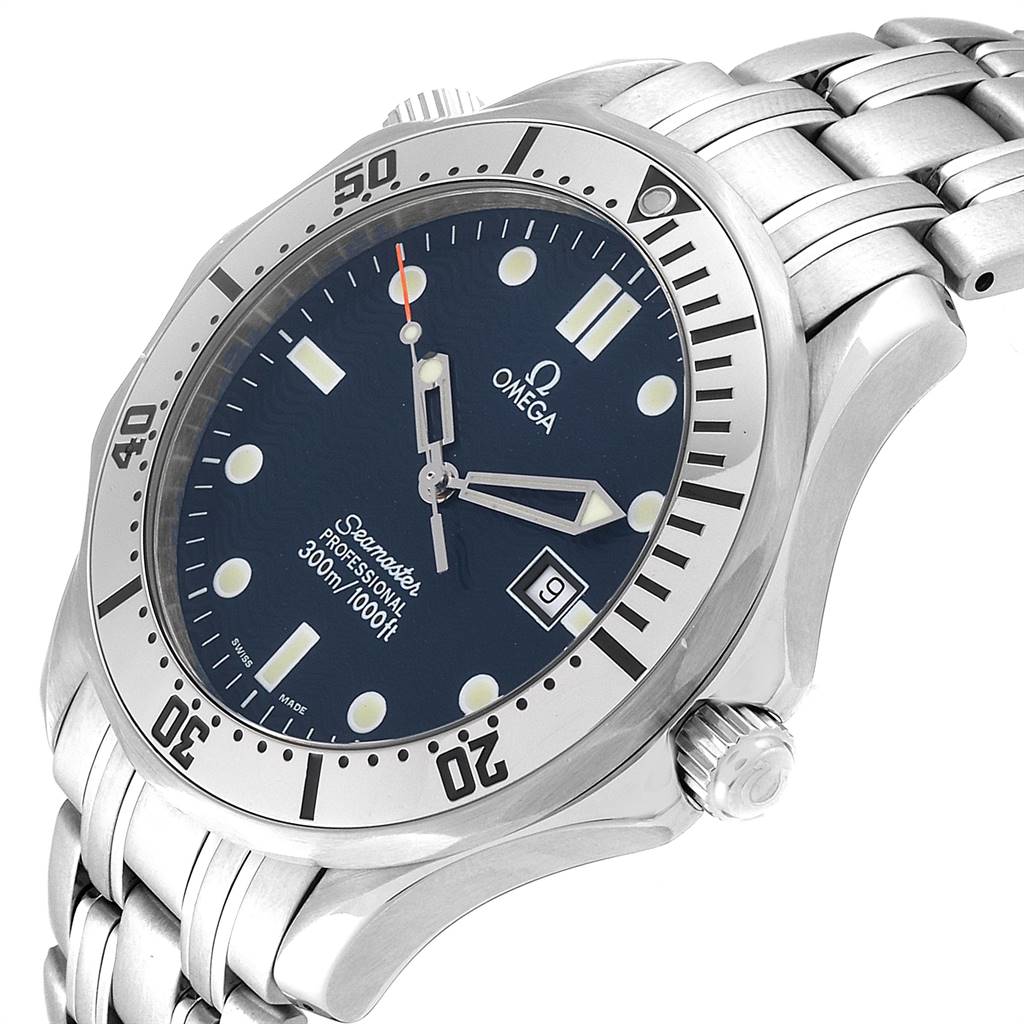The Omega Seamaster 2542.80.00 Men
s Stainless Steel Blue Dial 2542.80.00 Men
s Stainless Steel Blue Dial watch is shown at a three-quarter angle, displaying the dial, bezel, crown, and part of the bracelet.