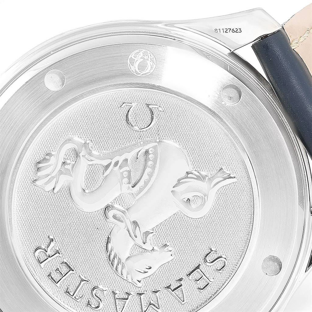 This image shows the engraved case back of an Omega Seamaster 2220.80.00 Men
s Stainless Steel Blue Dial 2220.80.00 Men
s Stainless Steel Blue Dial watch, viewed up close, with part of the leather strap visible.