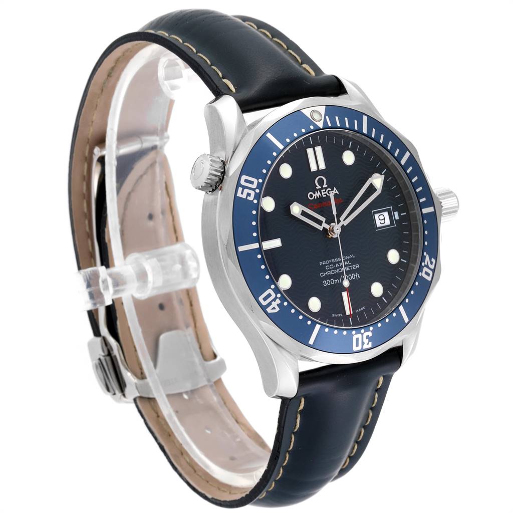 The Omega Seamaster 2220.80.00 Men
s Stainless Steel Blue Dial 2220.80.00 Men
s Stainless Steel Blue Dial watch is shown at a slight angle, highlighting the face, bezel, case, and leather strap.