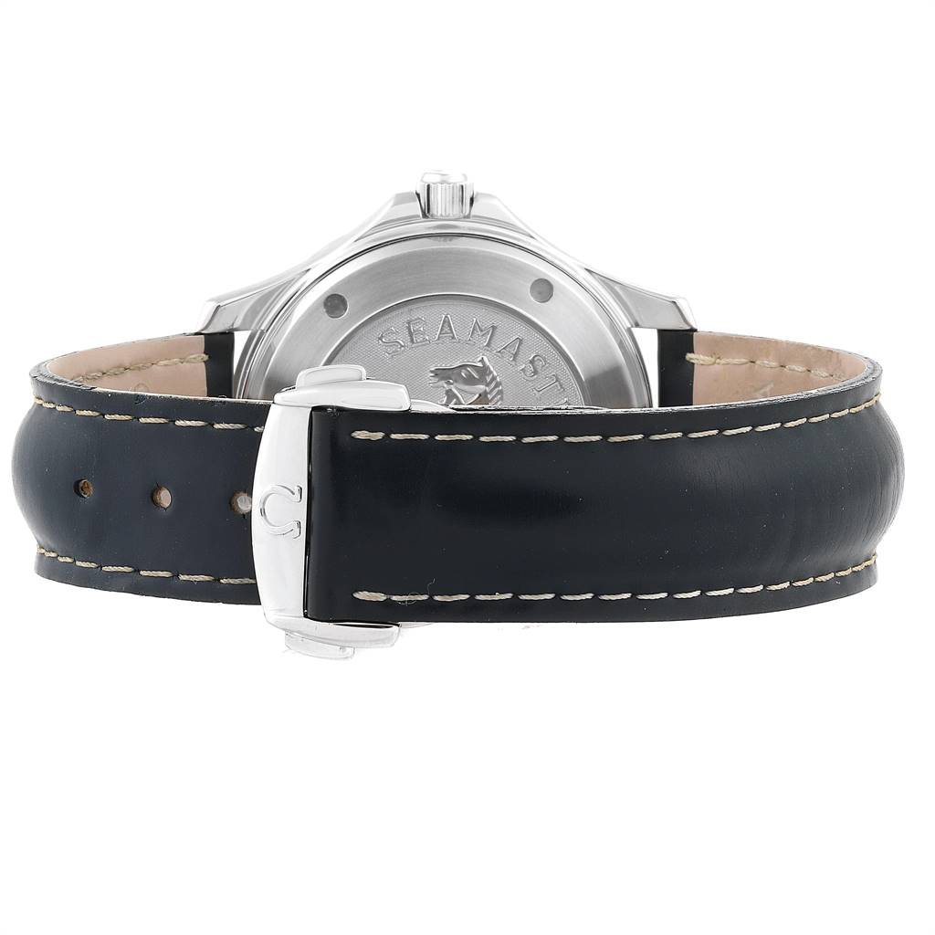 The image shows the back view of the Omega Seamaster 2220.80.00 Men
s Stainless Steel Blue Dial 2220.80.00 Men
s Stainless Steel Blue Dial watch, highlighting its case back and leather strap with clasp.