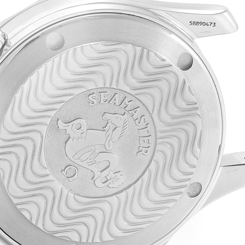 The image shows the case back of an Omega Seamaster 2262.50.00 Men
s Stainless Steel Black Dial 2262.50.00 Men
s Stainless Steel Black Dial watch, featuring an engraved design and model number.