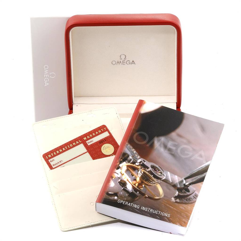 The image shows an Omega Seamaster 2262.50.00 Men
s Stainless Steel Black Dial 2262.50.00 Men
s Stainless Steel Black Dial watch box, an international warranty card, and the operating instructions booklet.