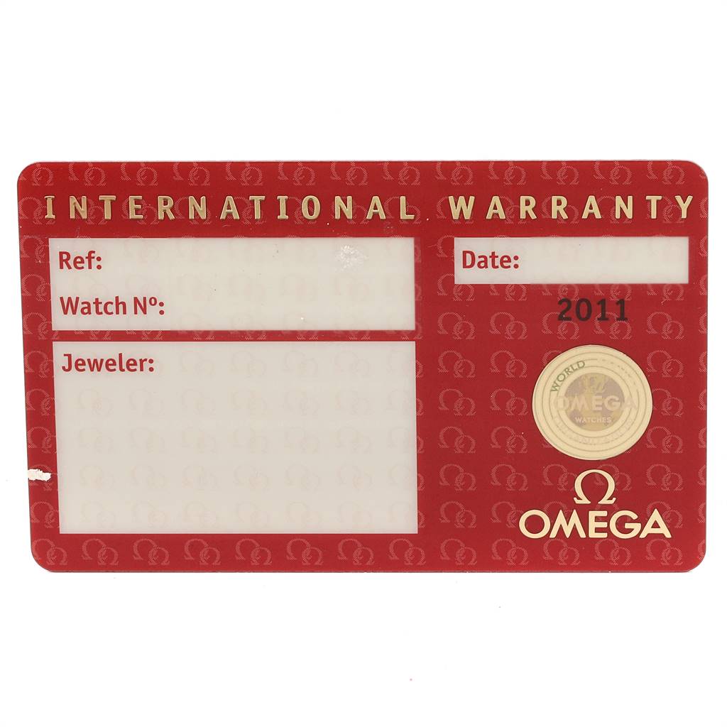 This image shows an Omega Seamaster 2262.50.00 Men
s Stainless Steel Black Dial 2262.50.00 Men
s Stainless Steel Black Dial International Warranty card with fields for reference, watch number, jeweler, and date.