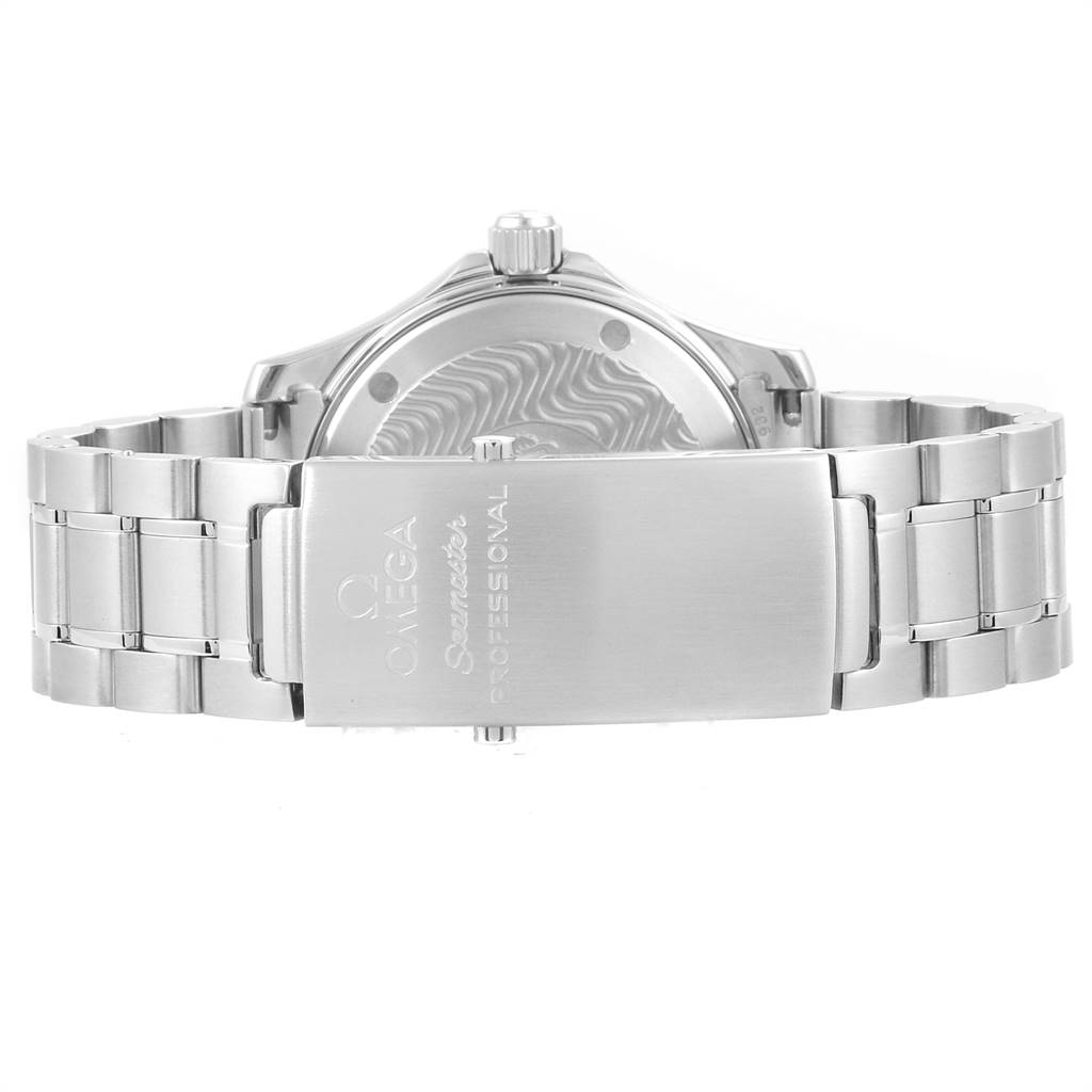 The image shows the back view of the Omega Seamaster 2262.50.00 Men
s Stainless Steel Black Dial 2262.50.00 Men
s Stainless Steel Black Dial watch, highlighting its clasp, bracelet, and case back.