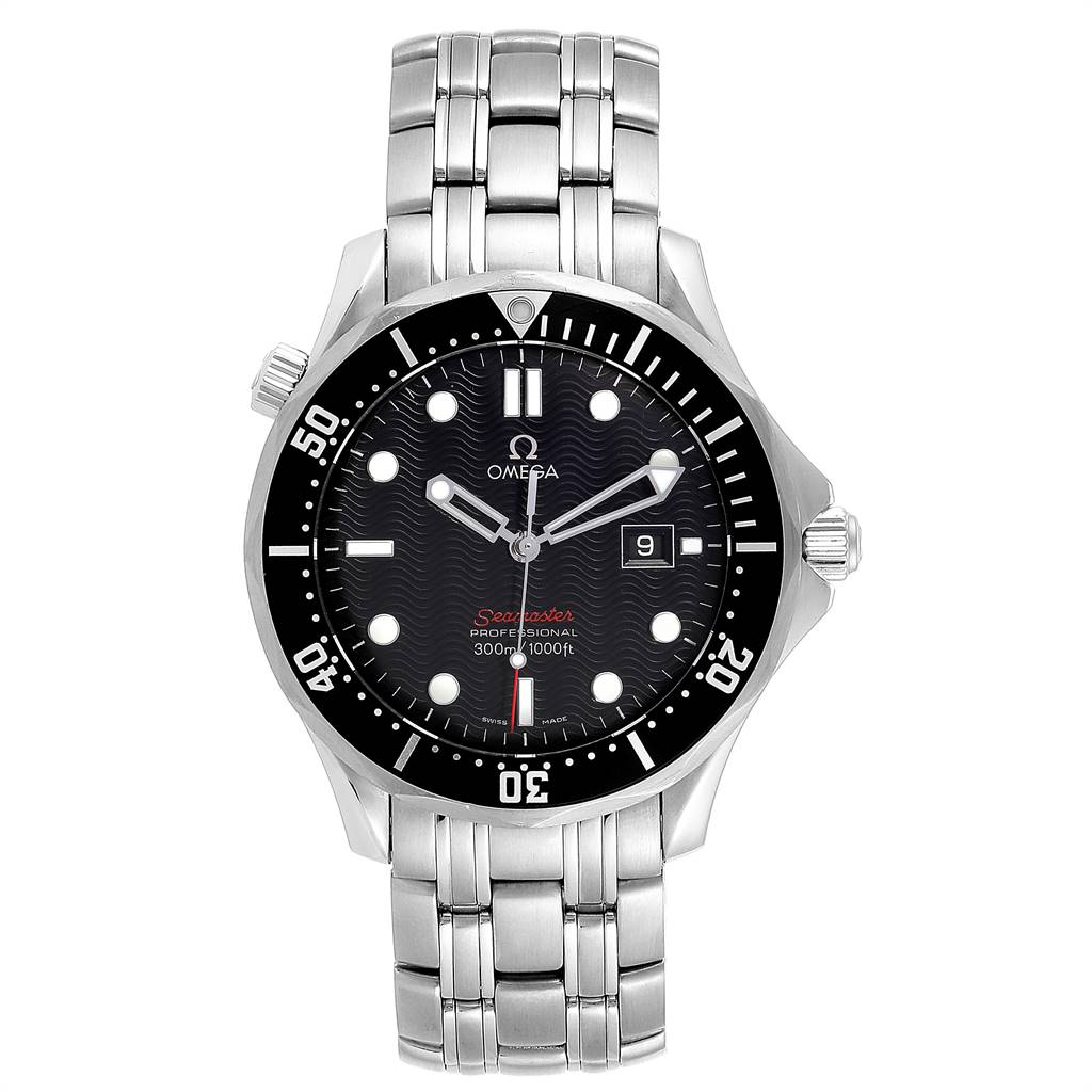 This image shows a front view of an Omega Seamaster 212.30.41.61.01.001 Men
s Stainless Steel Black Dial 212.30.41.61.01.001 Men
s Stainless Steel Black Dial watch, highlighting the face, bezel, and metal bracelet.