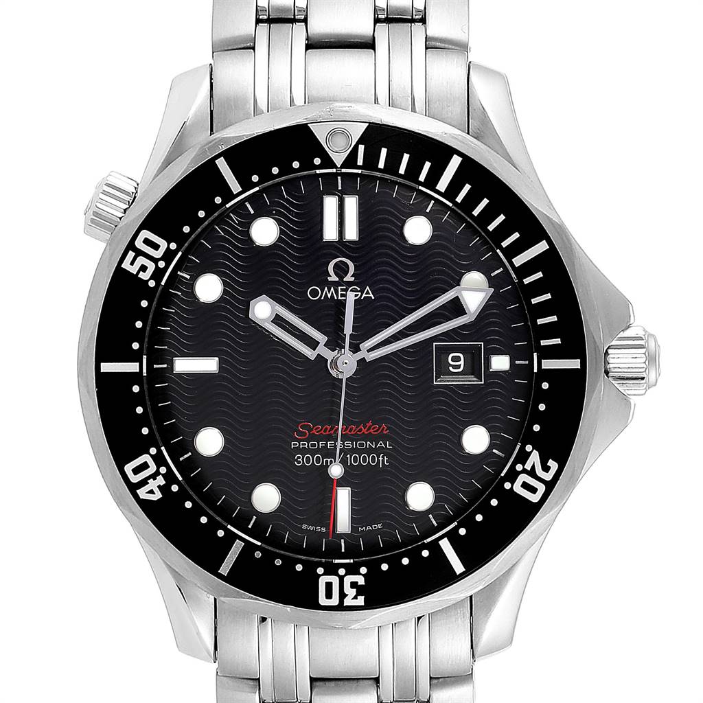 The Omega Seamaster 212.30.41.61.01.001 Men
s Stainless Steel Black Dial 212.30.41.61.01.001 Men
s Stainless Steel Black Dial watch is shown from a front angle, displaying the face, bezel, and part of the bracelet.