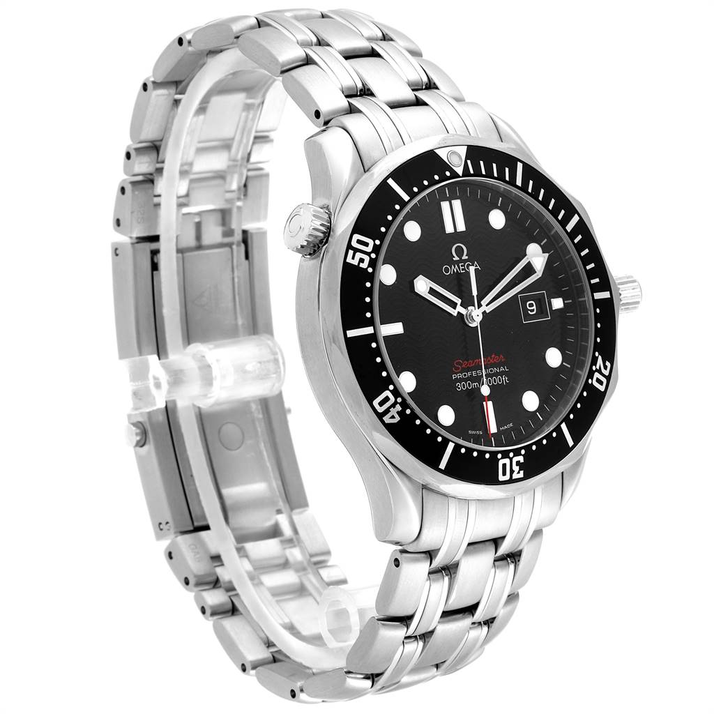 The Omega Seamaster 212.30.41.61.01.001 Men
s Stainless Steel Black Dial 212.30.41.61.01.001 Men
s Stainless Steel Black Dial watch is shown at a slight angle, displaying its dial, bezel, crown, and metal bracelet.