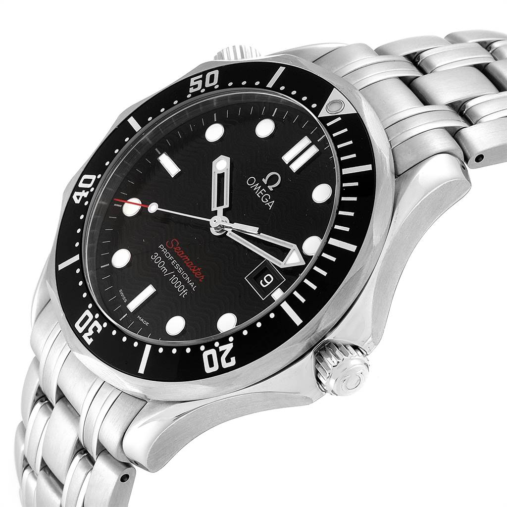 The Omega Seamaster 212.30.41.61.01.001 Men
s Stainless Steel Black Dial 212.30.41.61.01.001 Men
s Stainless Steel Black Dial watch is shown at an angle highlighting the dial, bezel, crown, and stainless steel bracelet.