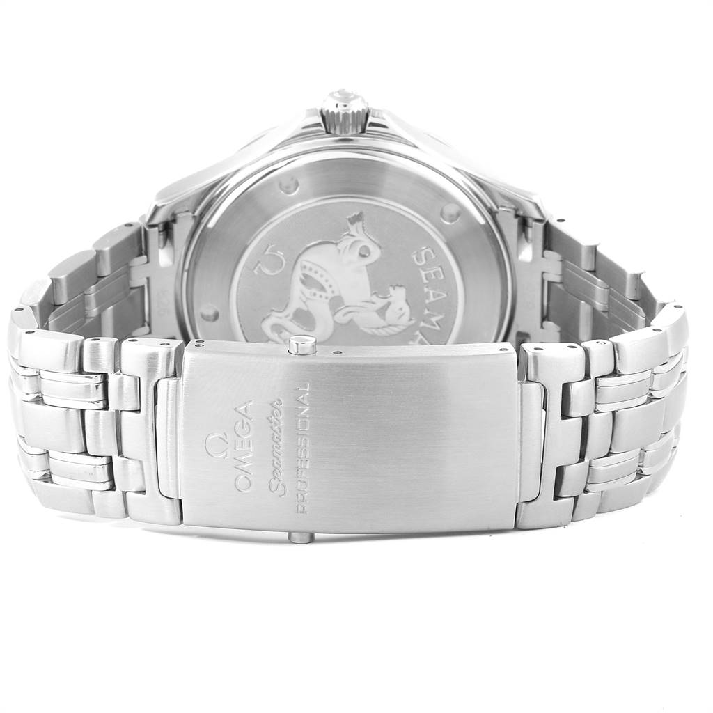 The image shows the back and clasp of an Omega Seamaster 212.30.41.61.01.001 Men
s Stainless Steel Black Dial 212.30.41.61.01.001 Men
s Stainless Steel Black Dial watch, highlighting the case back design and stainless steel bracelet.