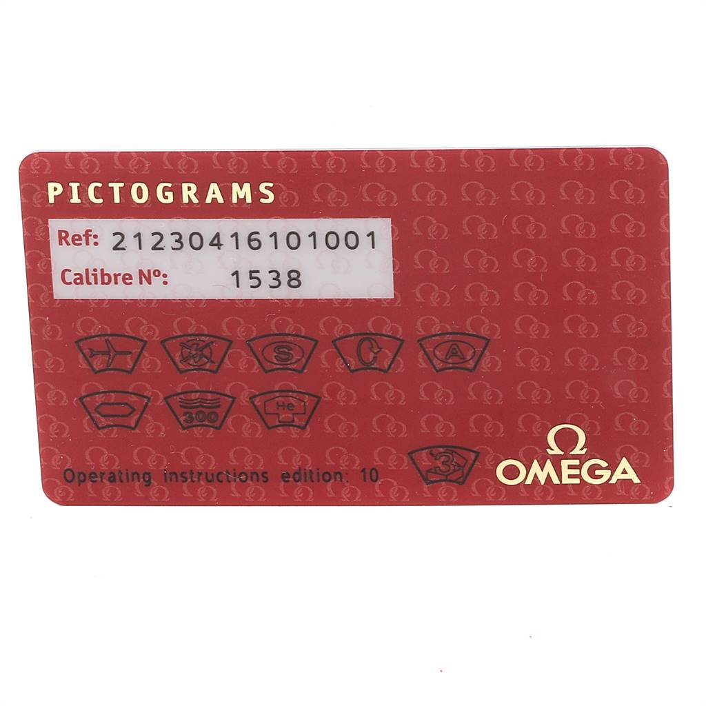 The image shows an Omega Seamaster 212.30.41.61.01.001 Men
s Stainless Steel Black Dial 212.30.41.61.01.001 Men
s Stainless Steel Black Dial pictogram card displaying the reference and calibre number.