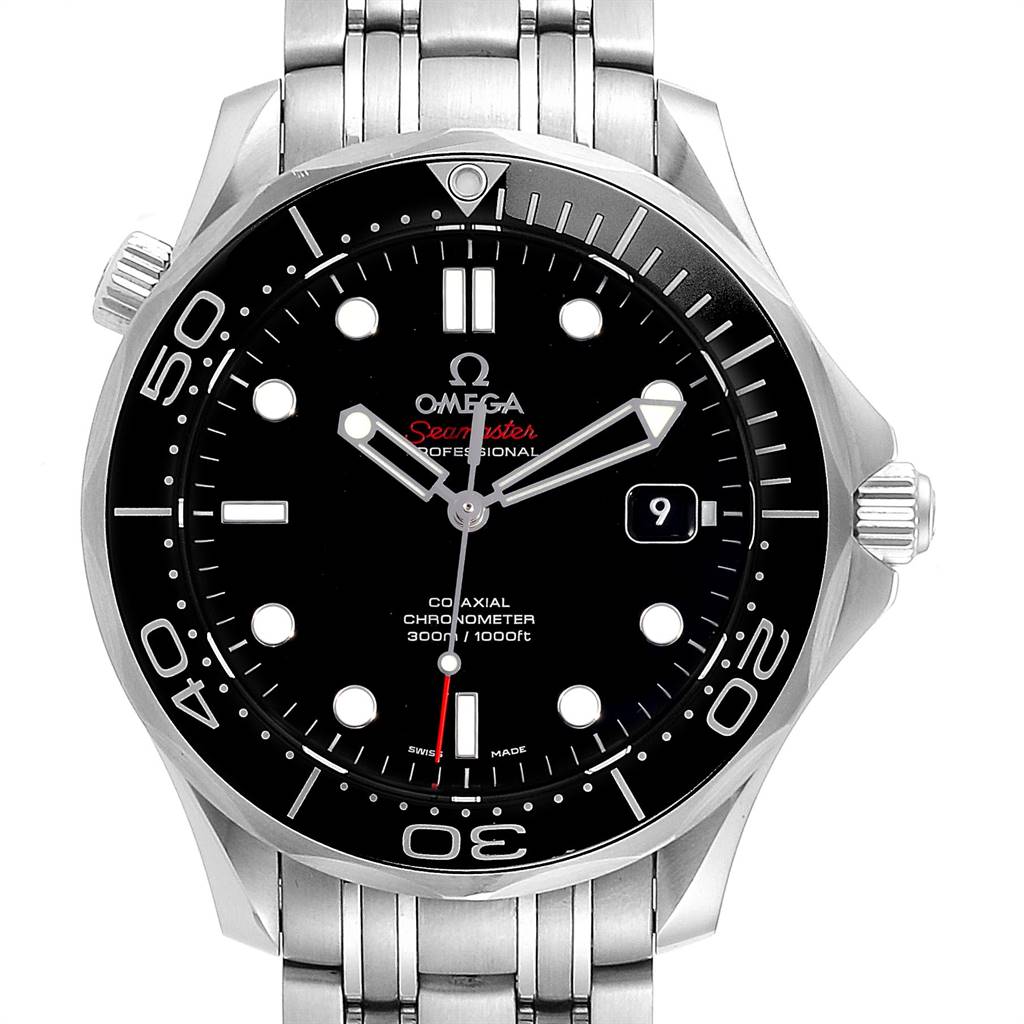 The Omega Seamaster 212.30.41.20.01.003 Men
s Stainless Steel Black Dial 212.30.41.20.01.003 Men
s Stainless Steel Black Dial watch is shown from a front angle, displaying its dial, bezel, and part of its bracelet.