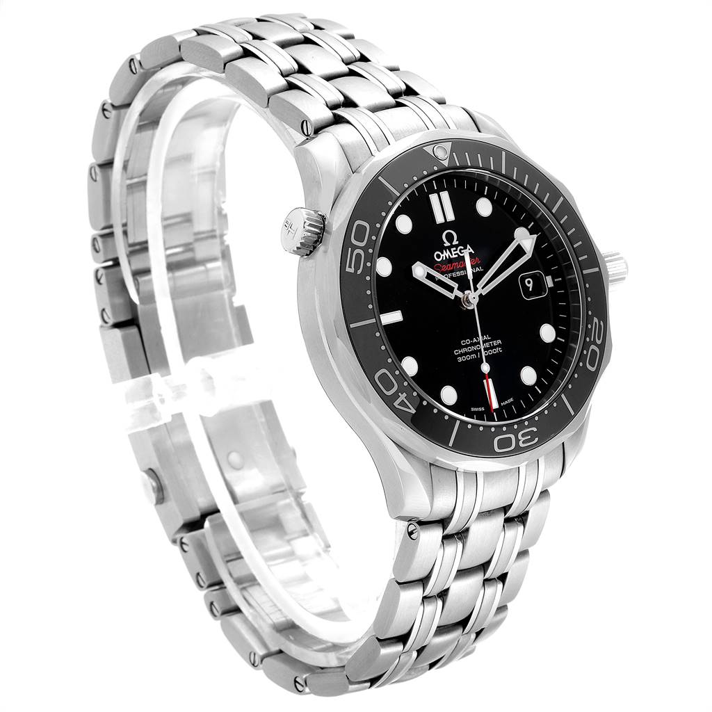 The image shows an Omega Seamaster 212.30.41.20.01.003 Men
s Stainless Steel Black Dial 212.30.41.20.01.003 Men
s Stainless Steel Black Dial watch at a three-quarter angle, highlighting its face, bezel, and metal bracelet.