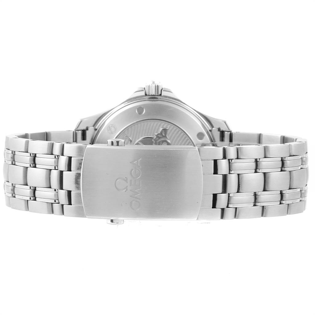 The image shows the clasp and bracelet of an Omega Seamaster 212.30.41.20.01.003 Men
s Stainless Steel Black Dial 212.30.41.20.01.003 Men
s Stainless Steel Black Dial watch, viewed from the back.