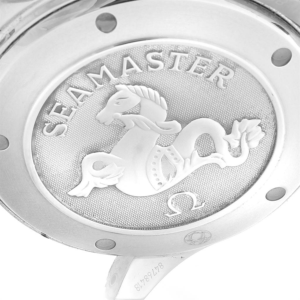 The image shows the case back of an Omega Seamaster 212.30.41.20.01.002 Men
s Stainless Steel Black Dial 212.30.41.20.01.002 Men
s Stainless Steel Black Dial watch, featuring the brand logo and engraved seahorse emblem.