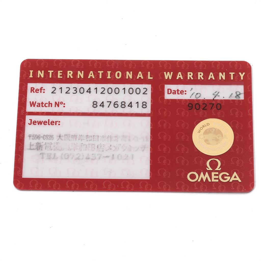 This image shows the international warranty card for the Omega Seamaster 212.30.41.20.01.002 Men
s Stainless Steel Black Dial 212.30.41.20.01.002 Men
s Stainless Steel Black Dial model watch.