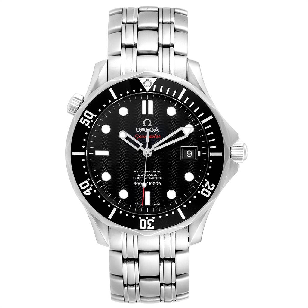 The image shows a front view of the Omega Seamaster 212.30.41.20.01.002 Men
s Stainless Steel Black Dial 212.30.41.20.01.002 Men
s Stainless Steel Black Dial watch, highlighting the dial, bezel, and stainless steel bracelet.