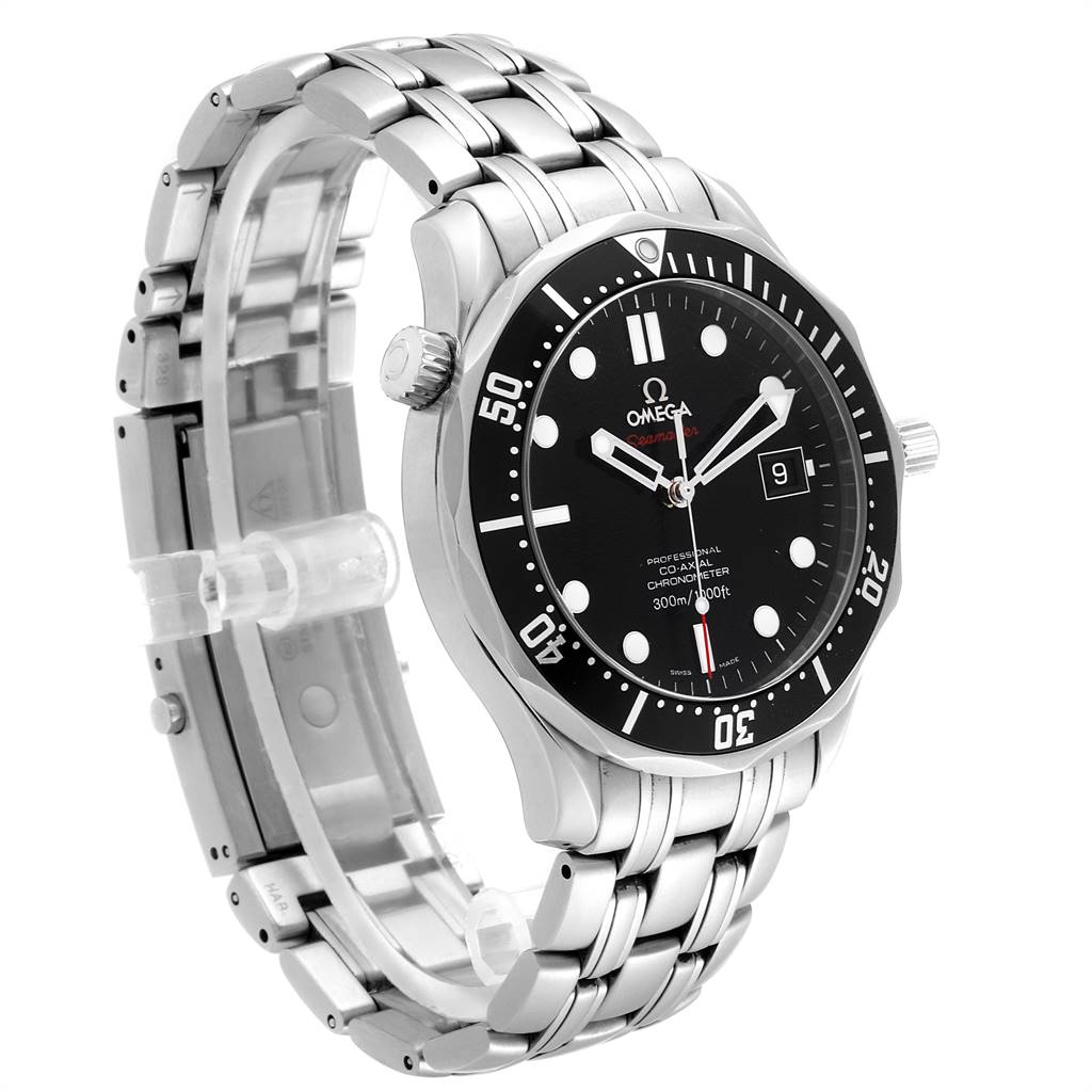 The image shows an Omega Seamaster 212.30.41.20.01.002 Men
s Stainless Steel Black Dial 212.30.41.20.01.002 Men
s Stainless Steel Black Dial watch from an angled side view, displaying the face, bezel, and metallic bracelet.