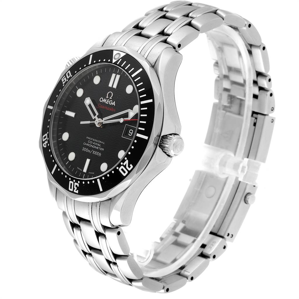 The image shows the Omega Seamaster 212.30.41.20.01.002 Men
s Stainless Steel Black Dial 212.30.41.20.01.002 Men
s Stainless Steel Black Dial watch at a three-quarter angle, highlighting the face, bezel, and metal bracelet.