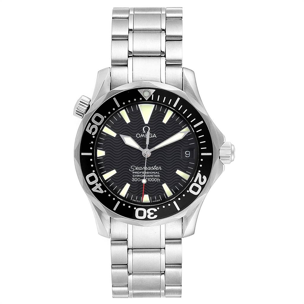 The Omega Seamaster 2252.50.00 Men
s Stainless Steel Black Dial 2252.50.00 Men
s Stainless Steel Black Dial watch is shown from the front, displaying the face, bezel, and metal bracelet.