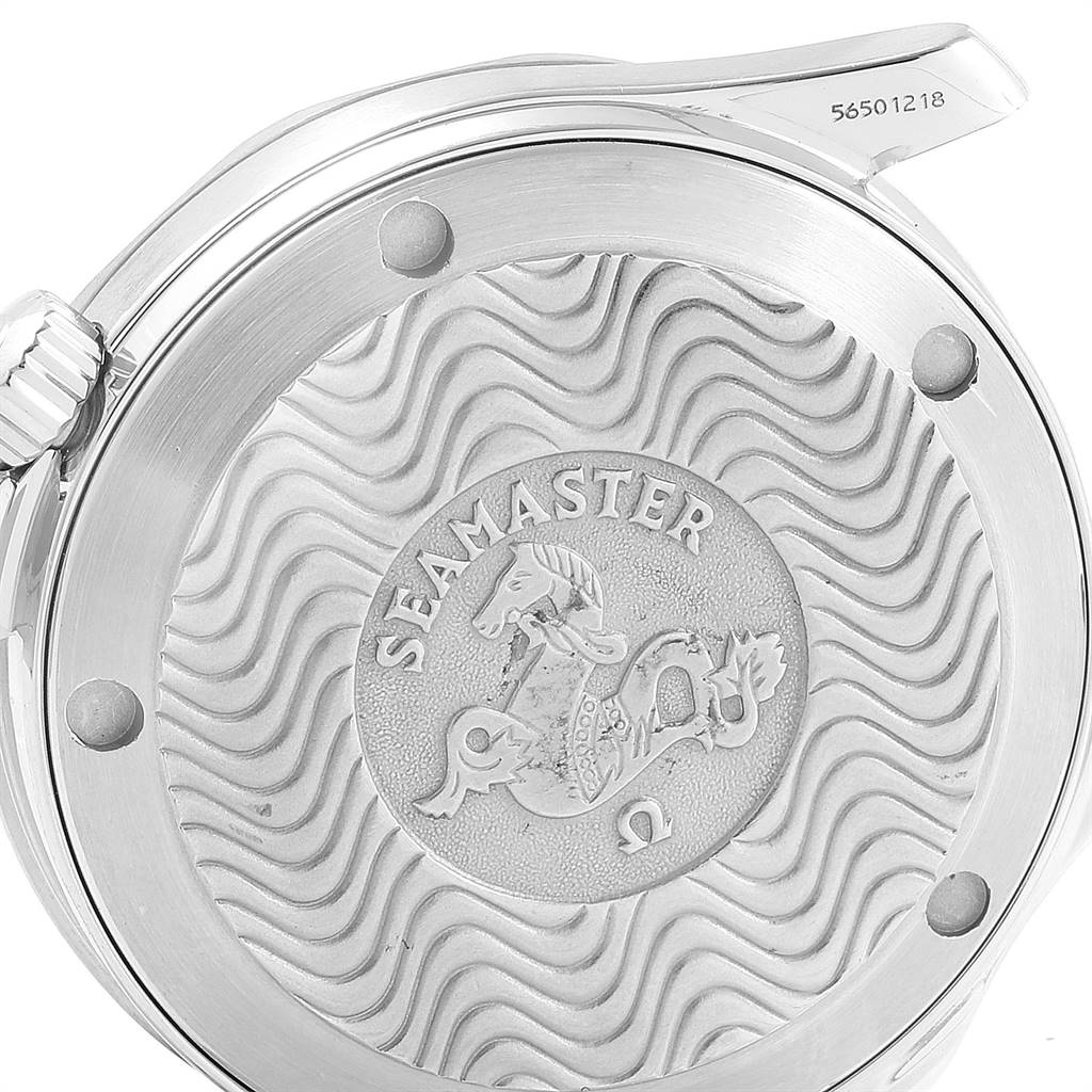 This image shows the back case of an Omega Seamaster 2561.80.00 Men
s Stainless Steel Blue Dial 2561.80.00 Men
s Stainless Steel Blue Dial watch with its engraved design and model number.