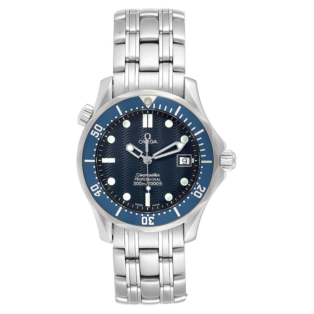 This image shows a front view of the Omega Seamaster 2561.80.00 Men
s Stainless Steel Blue Dial 2561.80.00 Men
s Stainless Steel Blue Dial watch, displaying the face, bezel, crown, and metal bracelet.