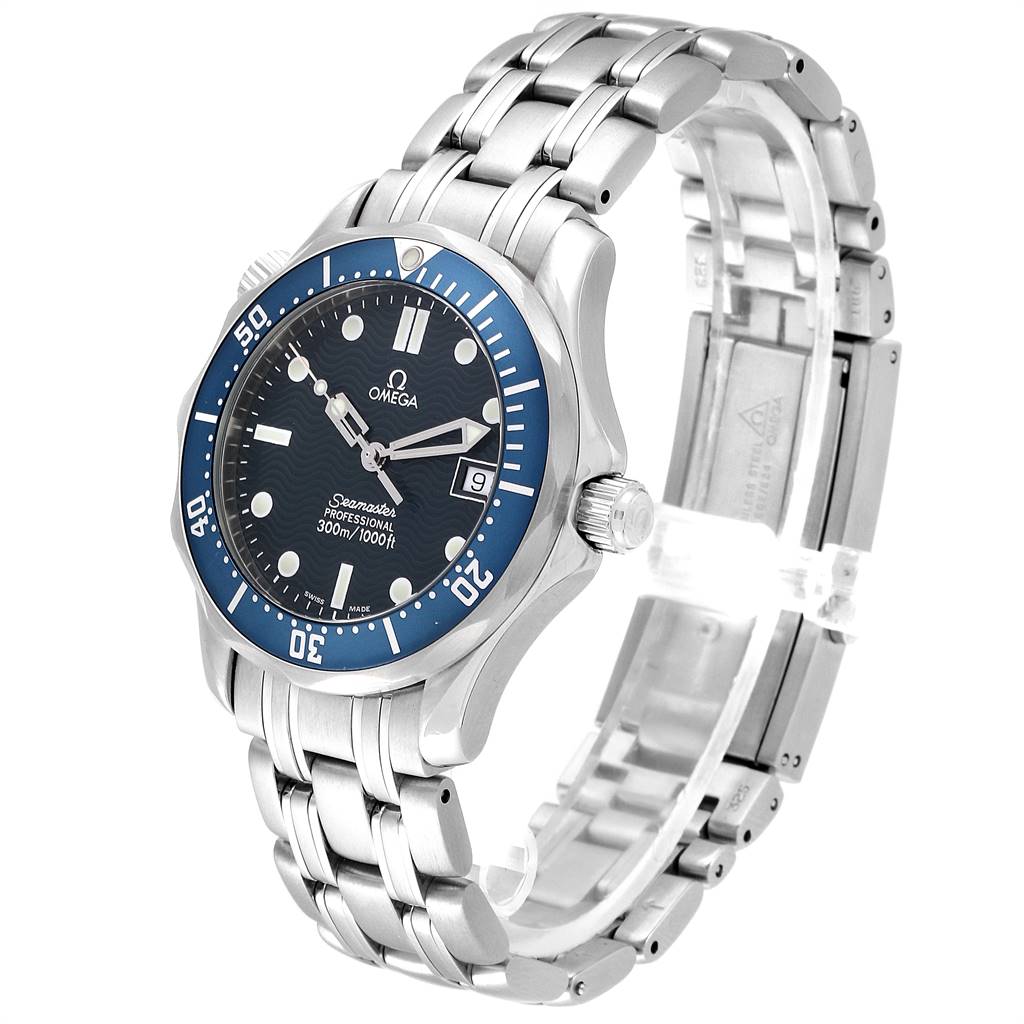 The Omega Seamaster 2561.80.00 Men
s Stainless Steel Blue Dial 2561.80.00 Men
s Stainless Steel Blue Dial watch is shown at a 3/4 angle, displaying its blue dial, bezel, and stainless steel bracelet.