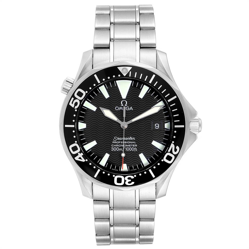 The image shows a front view of the Omega Seamaster 2254.50.00 Men
s Stainless Steel Black Dial 2254.50.00 Men
s Stainless Steel Black Dial watch, displaying the dial, bezel, and metal bracelet.